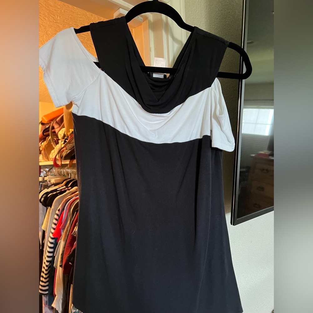 Black and white cold shoulder top.